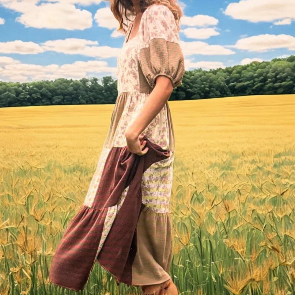 Neuflora Patchwork Claremore Dress Sz. Large Beige Maroon Cottagecore Homestead